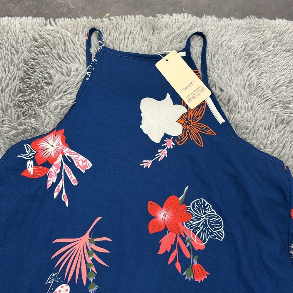 NWT CHVITY Summer Spaghetti Strap Floral Sun Dress Lightweight Blue Curved Hem S
